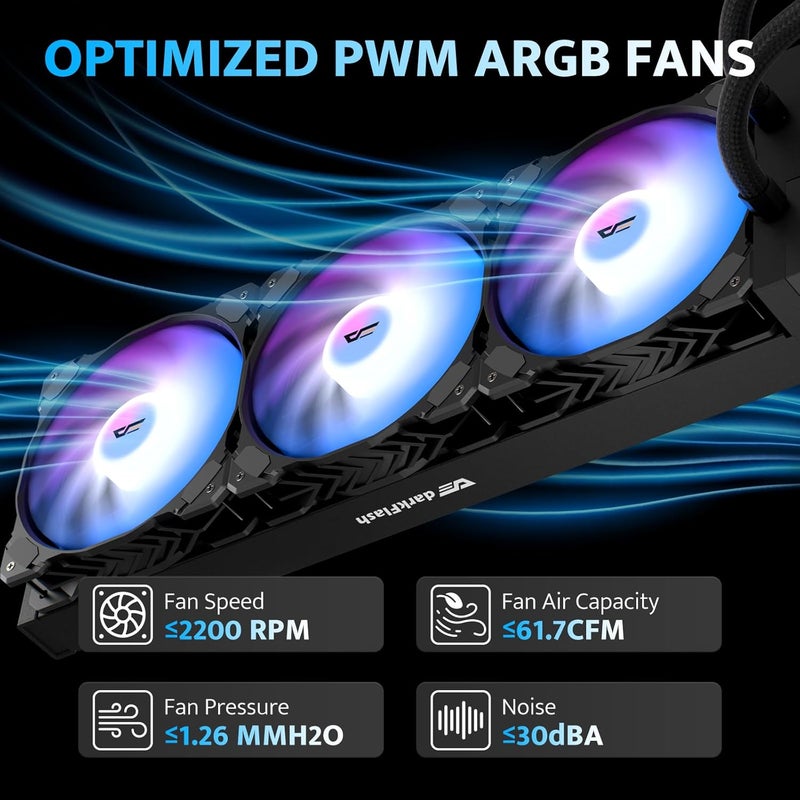 DarkFlash DN360A AIO مبرد سائل للمعالج، مضخة عالية الأداء، مزامنة ARGB، مراوح PWM، مع عرض شعار قابل للتخصيص، متوافق مع Intel 1851/1700، AMD AM4/AM5 (أسود، 360 مم AIO) - Image 5